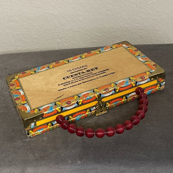 Yellow Cigar Box Purse with Red Bead Handle - Picture 3 of 6